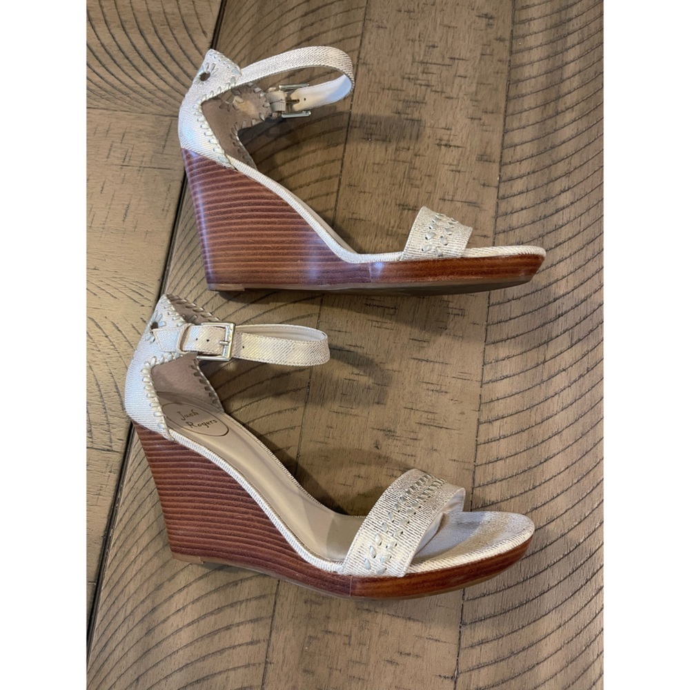 Jack Rogers Cream and Silver Open Toe Wooden Wedges with Ankle Strap - Picture 4 of 10
